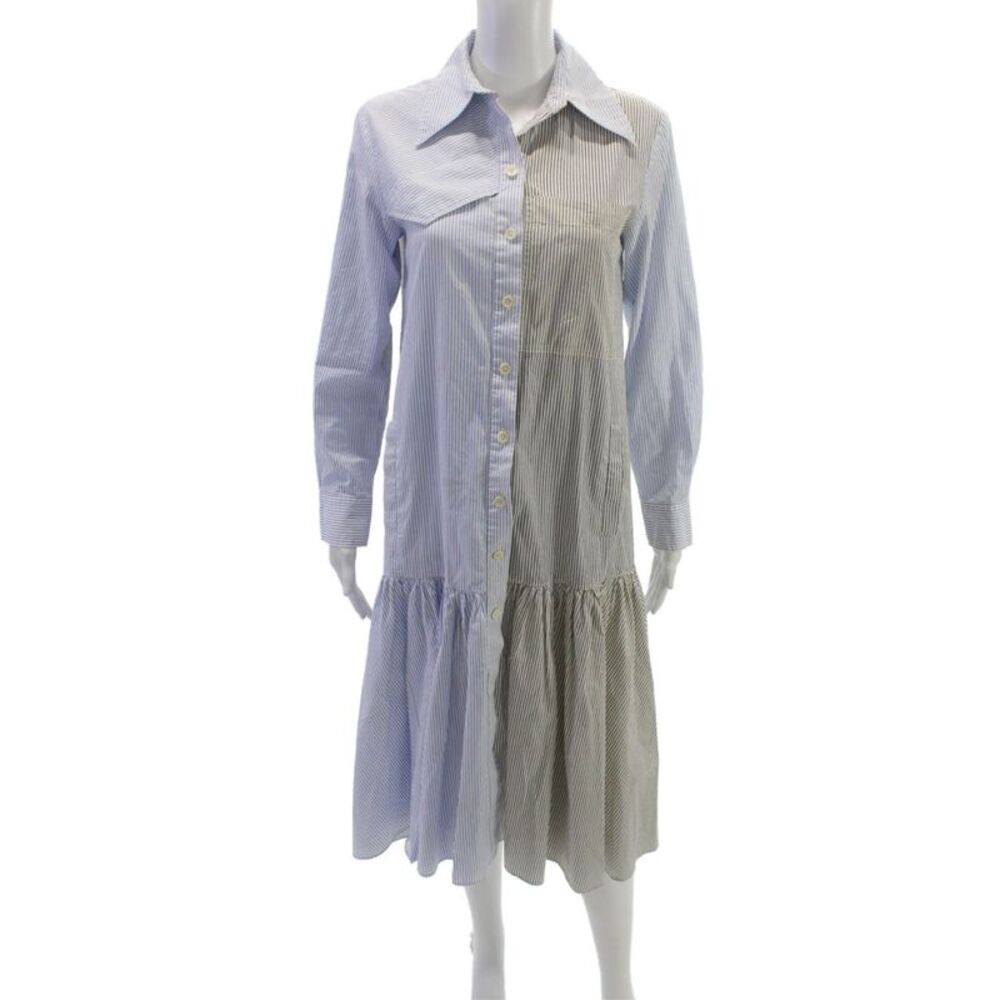 Tibi Women Shirt Dress Blue Striped Cotton Long Sleeve Collared Button Size 2